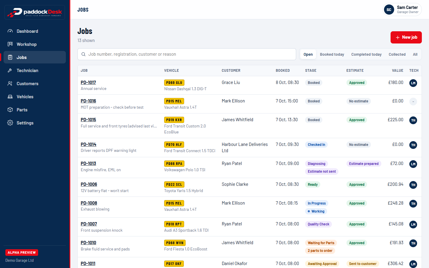 The real PaddockDesk jobs list, showing open jobs with their vehicle, customer, stage, estimate status and value.