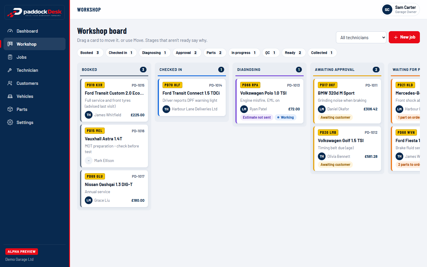 The real PaddockDesk workshop board, showing jobs staged from Booked to Collected.